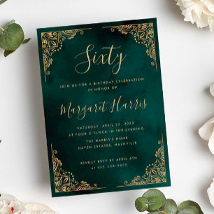Invitación Moda 60.º Sesenta marcos dorados cumpleaños verde