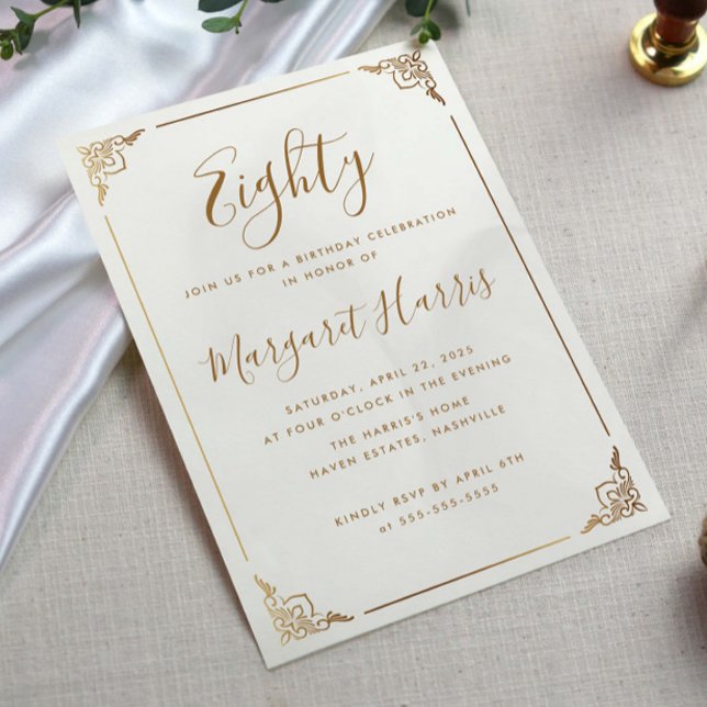 Invitación Moda 80.ª Ochenta caligrafía de marco dorado Cumpl (Subido por el creador)