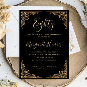 Invitación Moda 80.ª Ochenta Marco Dorado Cumpleaños Negro