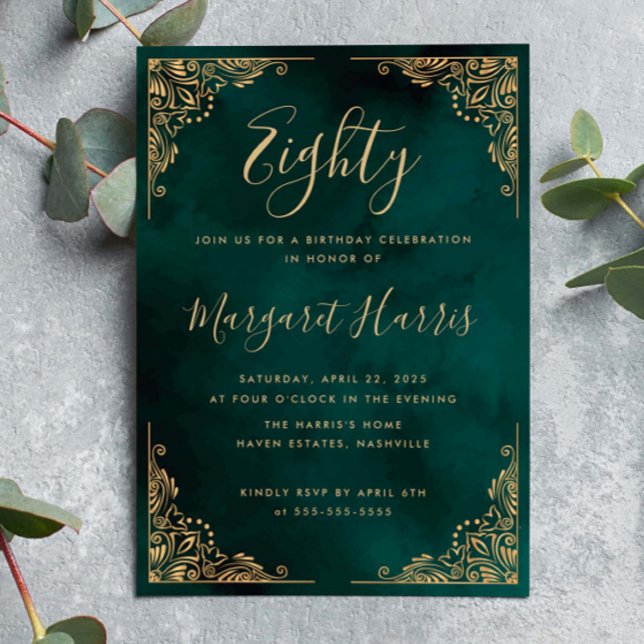 Invitación Moda 80.ª Ochenta Marco Dorado Cumpleaños Verde (Subido por el creador)