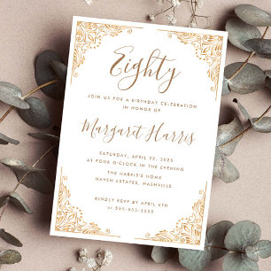 Invitación Moda 80.ª Ochenta Placa Dorada Cumpleaños Blanco