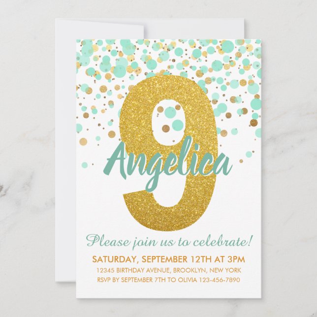 Invitación Moda 9.ª Purpurina de oro verde de cumpleaños Conf (Anverso)