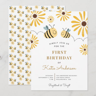 Invitación Moda Abeja Amarilla y Girasol Primer cumpleaños