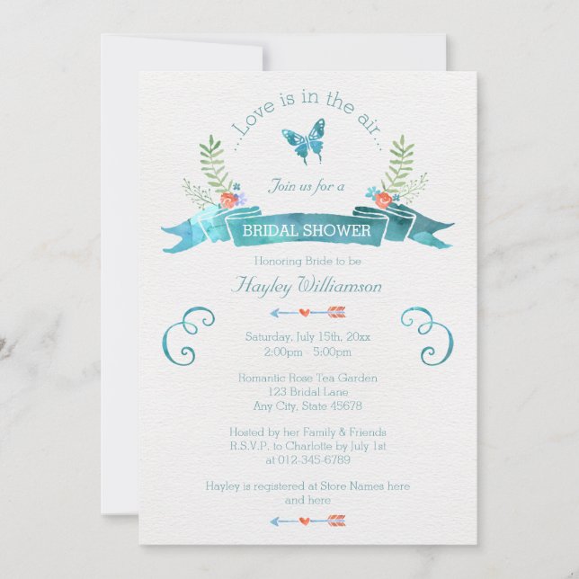 Invitación Moda acuarela Banner Butterfly Bridal Shower (Anverso)