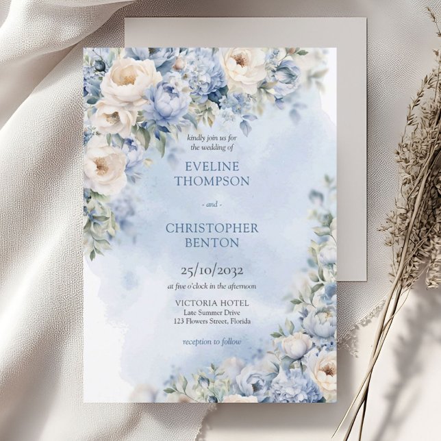 Invitación Moda acuarela boda de flores de invierno verde (Elegant light Blue and white Flowers greenery eucalyptus wedding invitation digital)