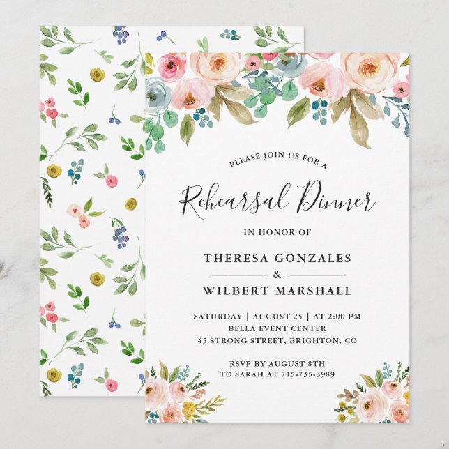 Invitación Moda acuarela Boda floral Ensayo Cena (Anverso / Reverso)