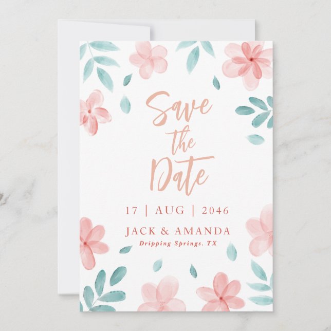 Invitación Moda acuarela Boda floral rosa Guardar fecha (Anverso)
