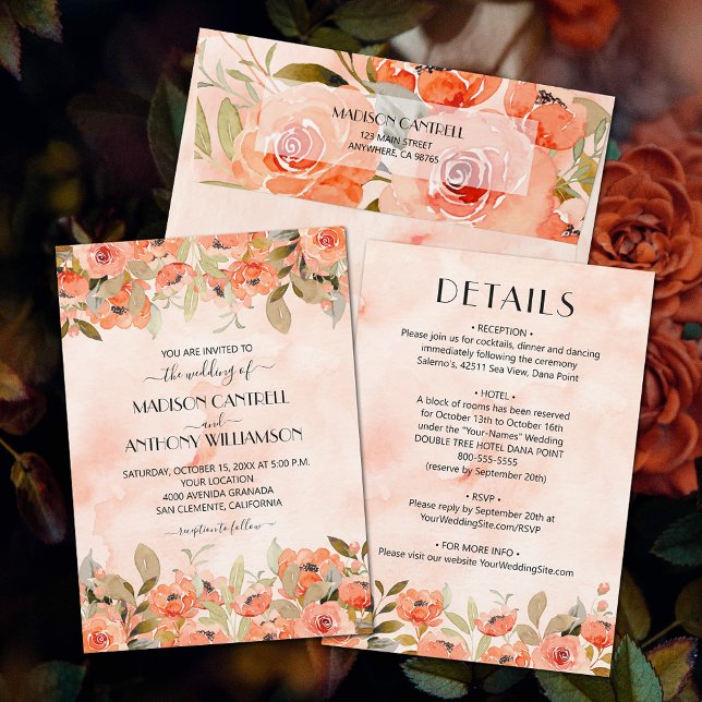Invitación Moda Acuarela Boda Floral Todo En Uno (Watercolor orange floral all-in-one wedding invitations (envelopes sold separately.))