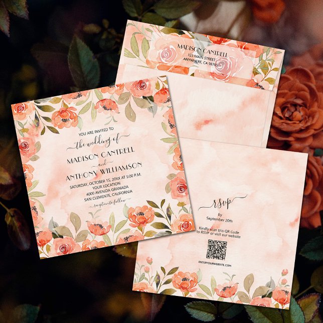 Invitación Moda Acuarela Boda Floral Todo En Uno (Watercolor orange floral all-in-one wedding invitations (envelopes sold separately.))