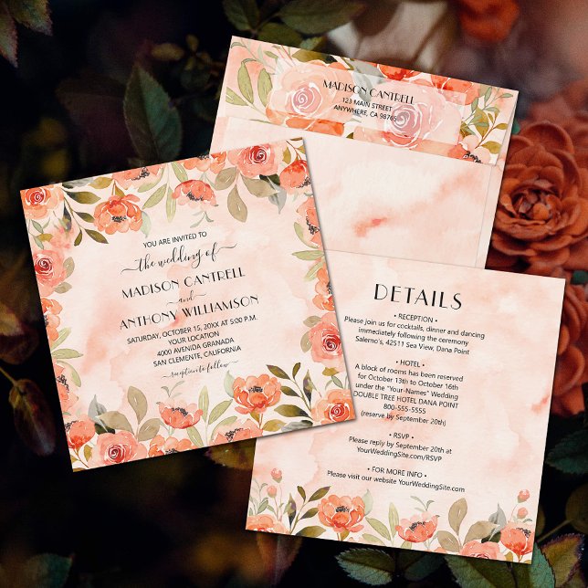 Invitación Moda Acuarela Boda Floral Todo En Uno (Watercolor orange floral all-in-one wedding invitations (envelopes sold separately.))