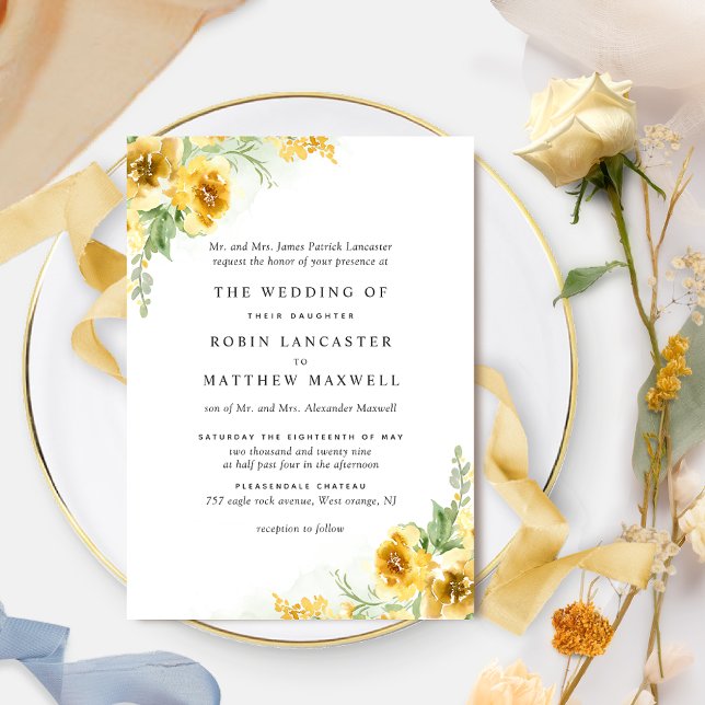 Invitación Moda acuarela Boda formal amarillo ocre floral (Subido por el creador)