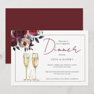 Invitación Moda acuarela Borgoña Compromiso Floral Cena