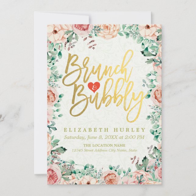 Invitación Moda Acuarela Brunch Floral Bubbly Bridal Shower (Anverso)