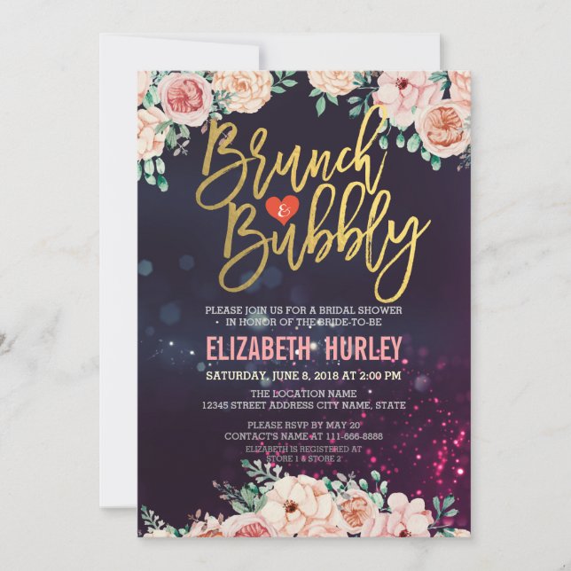 Invitación Moda Acuarela Brunch Floral Bubbly Bridal Shower (Anverso)