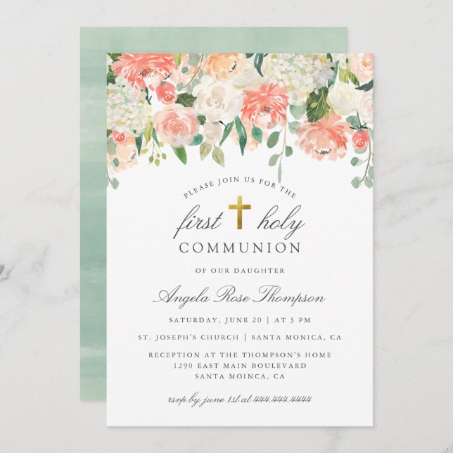 Invitación Moda Acuarela Chica Floral Primera Santa Comunión (Anverso / Reverso)