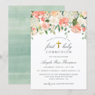 Invitación Moda Acuarela Chica Floral Primera Santa Comunión