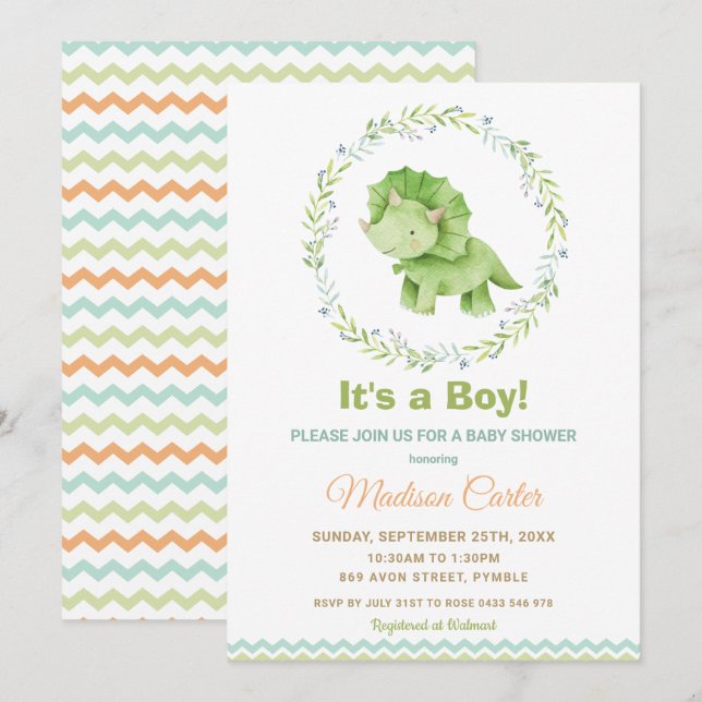 Invitación Moda acuarela Cute Dinosaur Boy Baby Shower (Anverso / Reverso)