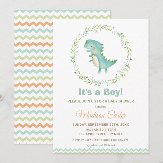 Invitación Moda Acuarela Cute Dinosaurio Niño Baby Shower (Anverso / Reverso)