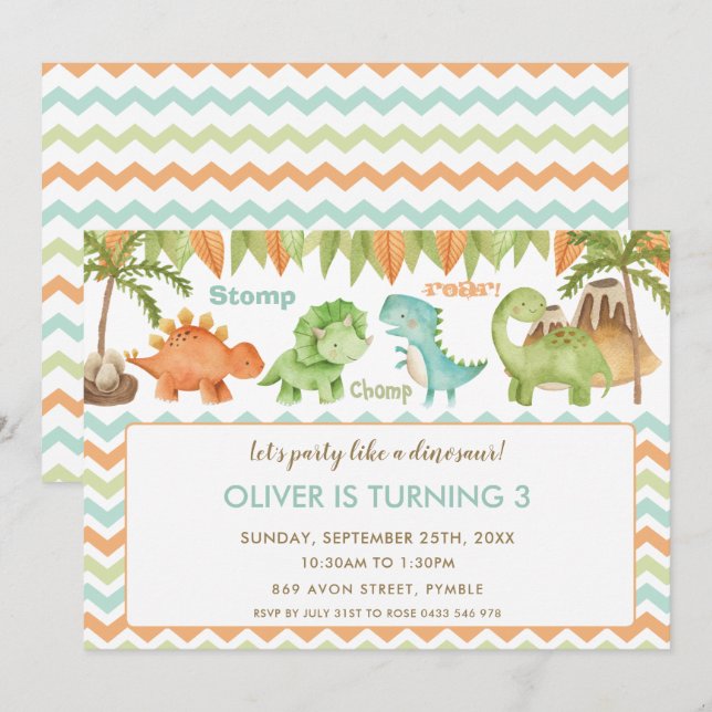 Invitación Moda acuarela Cute Dinosaurio Niño Chica Cumpleaño (Anverso / Reverso)