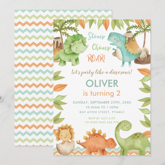 Invitación Moda acuarela Cute Dinosaurio Niño Chica Cumpleaño (Anverso / Reverso)