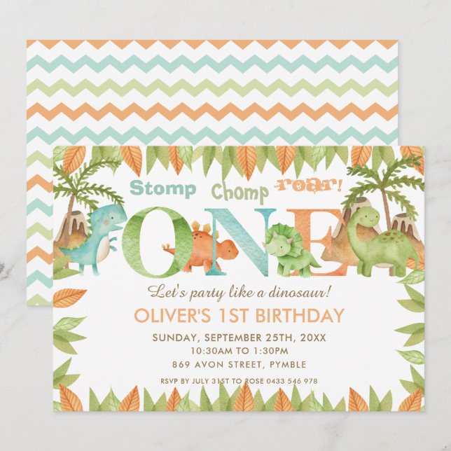 Invitación Moda acuarela Cute Dinosaurio Primer Fiesta de cum (Anverso / Reverso)