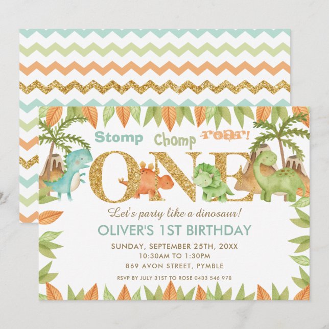Invitación Moda acuarela Cute Dinosaurio Primer Fiesta de cum (Anverso / Reverso)