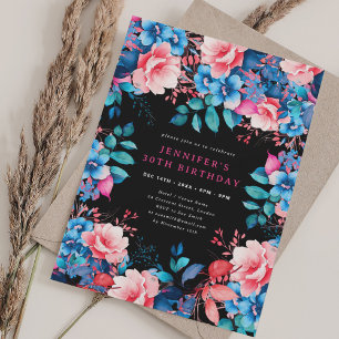 Invitación Moda acuarela Floral 30 cumpleaños negro