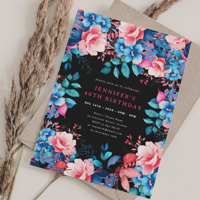 Invitación Moda acuarela Floral 40 cumpleaños negro (Chic Watercolor Floral 40th Birthday Black Invitation)