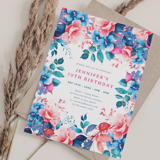 Invitación Moda acuarela Floral 70 cumpleaños (Chic Watercolor Floral 70th Birthday Invitation)