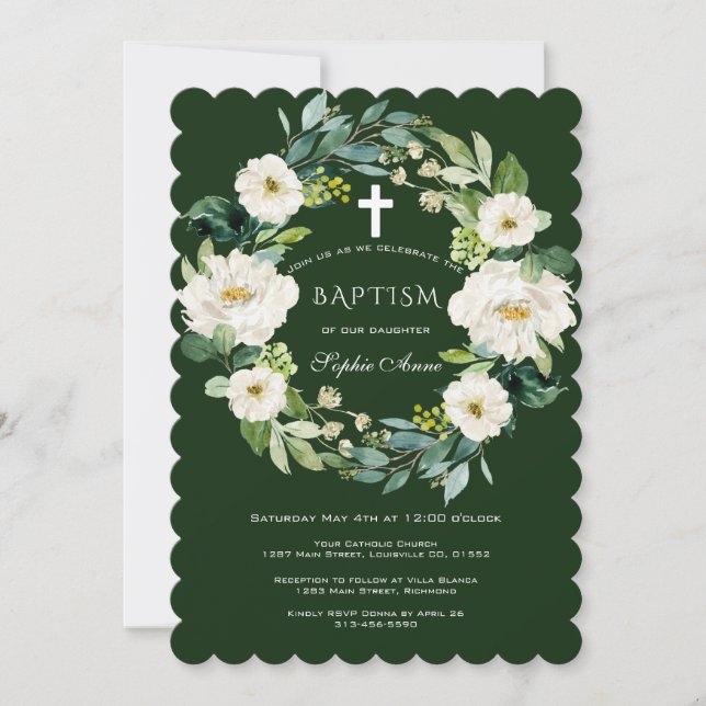 Invitación Moda acuarela Floral blanca cruza bautismo (Anverso)