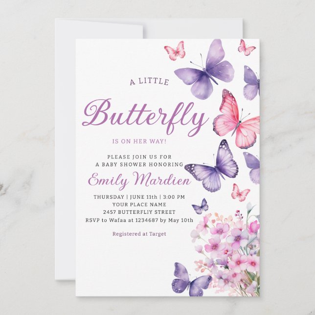 Invitación Moda acuarela Floral mariposa Chica Baby Shower (Anverso)