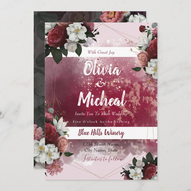 Invitación Moda acuarela Floral rojo Borgoña tema invitar (Anverso / Reverso)