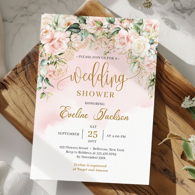 Invitación Moda acuarela flores rubor ducha de boda dorada (Chic watercolor blush flowers eucalyptus and gold wedding shower invitation digital)