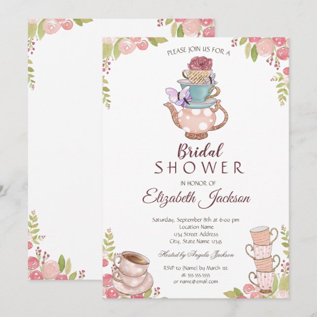 Invitación Moda acuarela Flores Teapot Bridal Shower (Anverso / Reverso)
