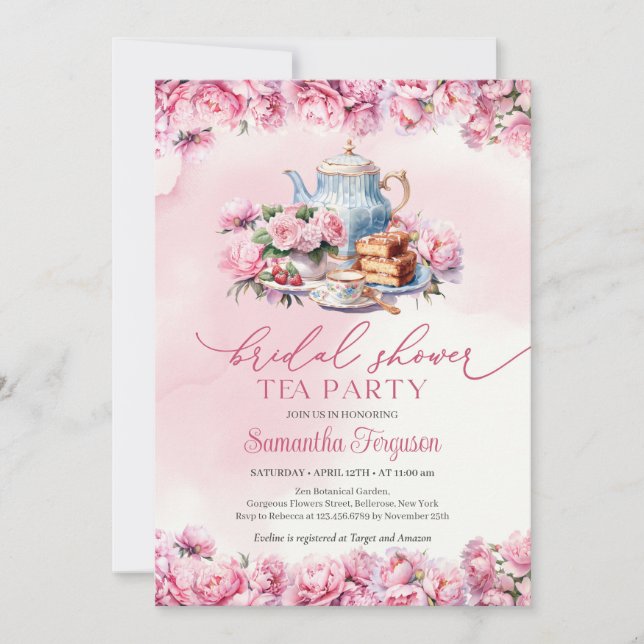 Invitación Moda acuarela fuchsia peonías fiesta de té floral (Anverso)