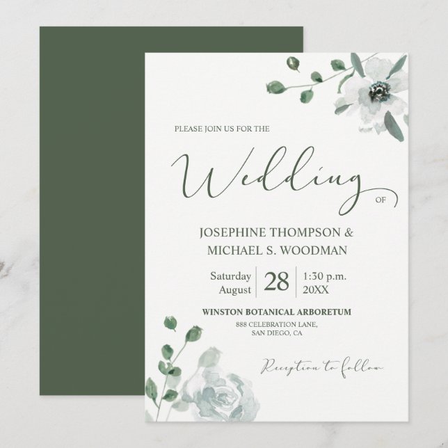 Invitación Moda acuarela Guión Boda verde botánico (Anverso / Reverso)