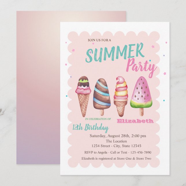 Invitación Moda Acuarela Hielo cremas Fiesta de cumpleaños de (Anverso / Reverso)