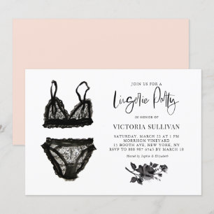 Invitación Moda acuarela Lazo Negro Floral Lingerie Fiesta
