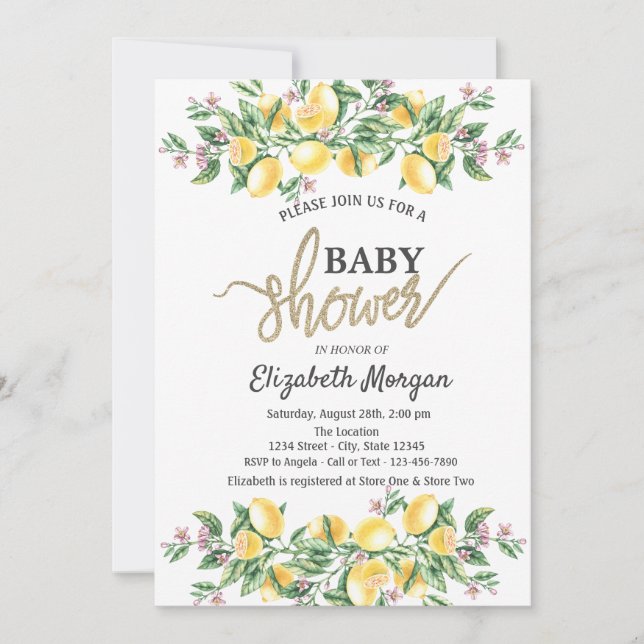 Invitación Moda acuarela Lemones Baby Shower botánico (Anverso)