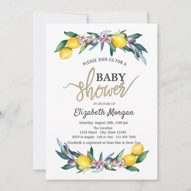 Invitación Moda acuarela Lemons Olives Baby Shower (Anverso)