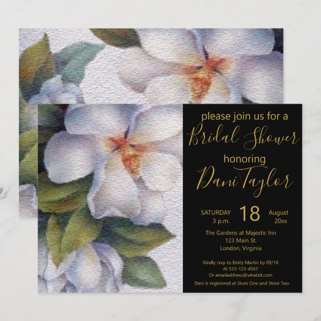 Invitación Moda acuarela Magnolia Gold Textos Ducha de novia (Anverso / Reverso)