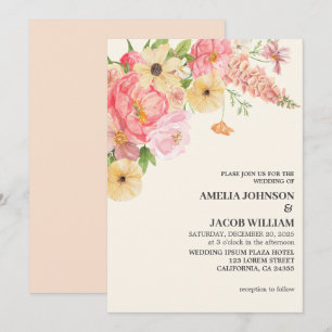 Invitación Moda Acuarela mantequilla floral Boda de melocotón