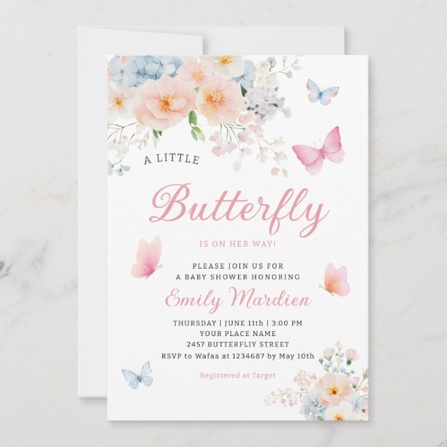 Invitación Moda acuarela Mariposa rosa Bebé Ducha (Anverso)