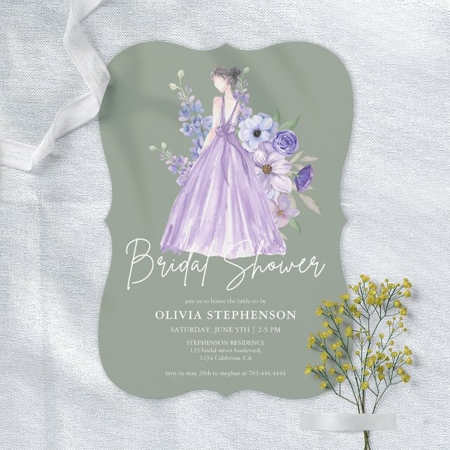 Invitación Moda acuarela Morado Flor Script Ducha de novia (Chic Watercolor Purple Flower Script Bridal Shower Invitation)