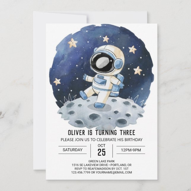 Invitación Moda Acuarela Niños Astronautas Cumpleaños (Anverso)