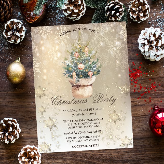 Invitación Moda acuarela Pine Tree Snowflakes Gold (Subido por el creador)