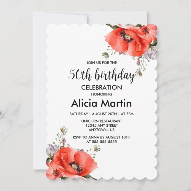 Invitación Moda acuarela Red Poppy Verdor 50 cumpleaños (Anverso)