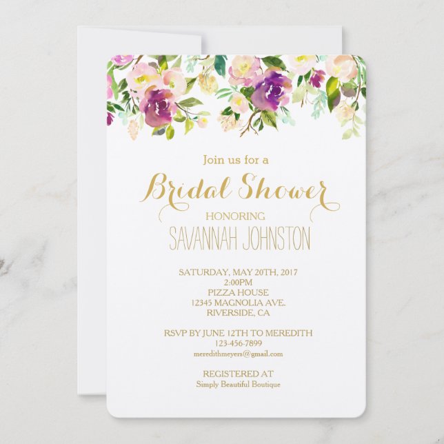 Invitación Moda acuarela rosa Floral Bridal Shower (Anverso)
