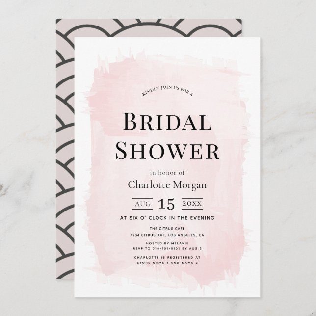 Invitación Moda acuarela Rubor Pink Bridal Shower (Anverso / Reverso)