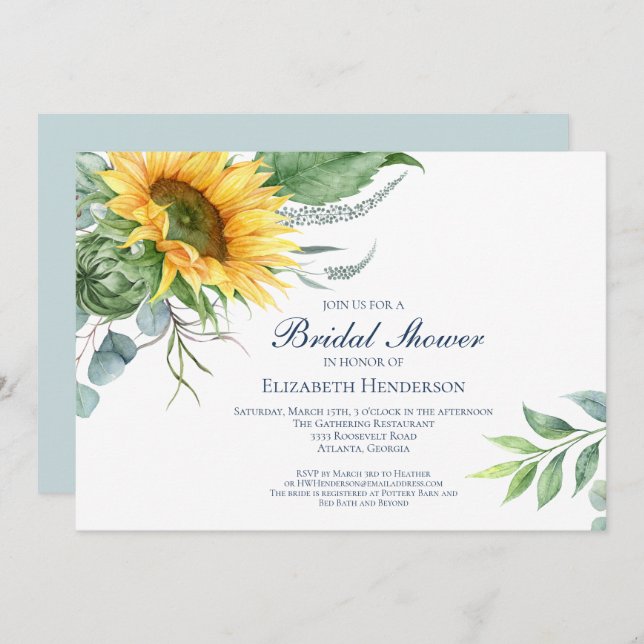 Invitación Moda acuarela Sunflower Greenery Bridal Shower (Anverso / Reverso)